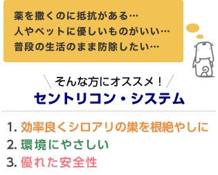 薬を撒くのに抵抗がある… 人やペットに優しいものがいい… 普段の生活のまま防除したい… そんな方にオススメ！ セントリコン・システム 1.効率良くシロアリの巣を根絶やしに 2.環境にやさしい 3.優れた安全性